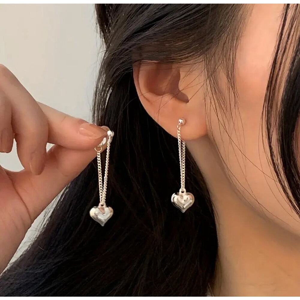 Cute Silvery Wave Heart Tassel Long Earrings for Girls Daily Wear Casual Gift